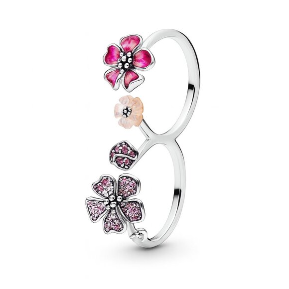 Pandora Jewelry - Peach Blossom Flowers Silver Double Ring - Size 8/9.5